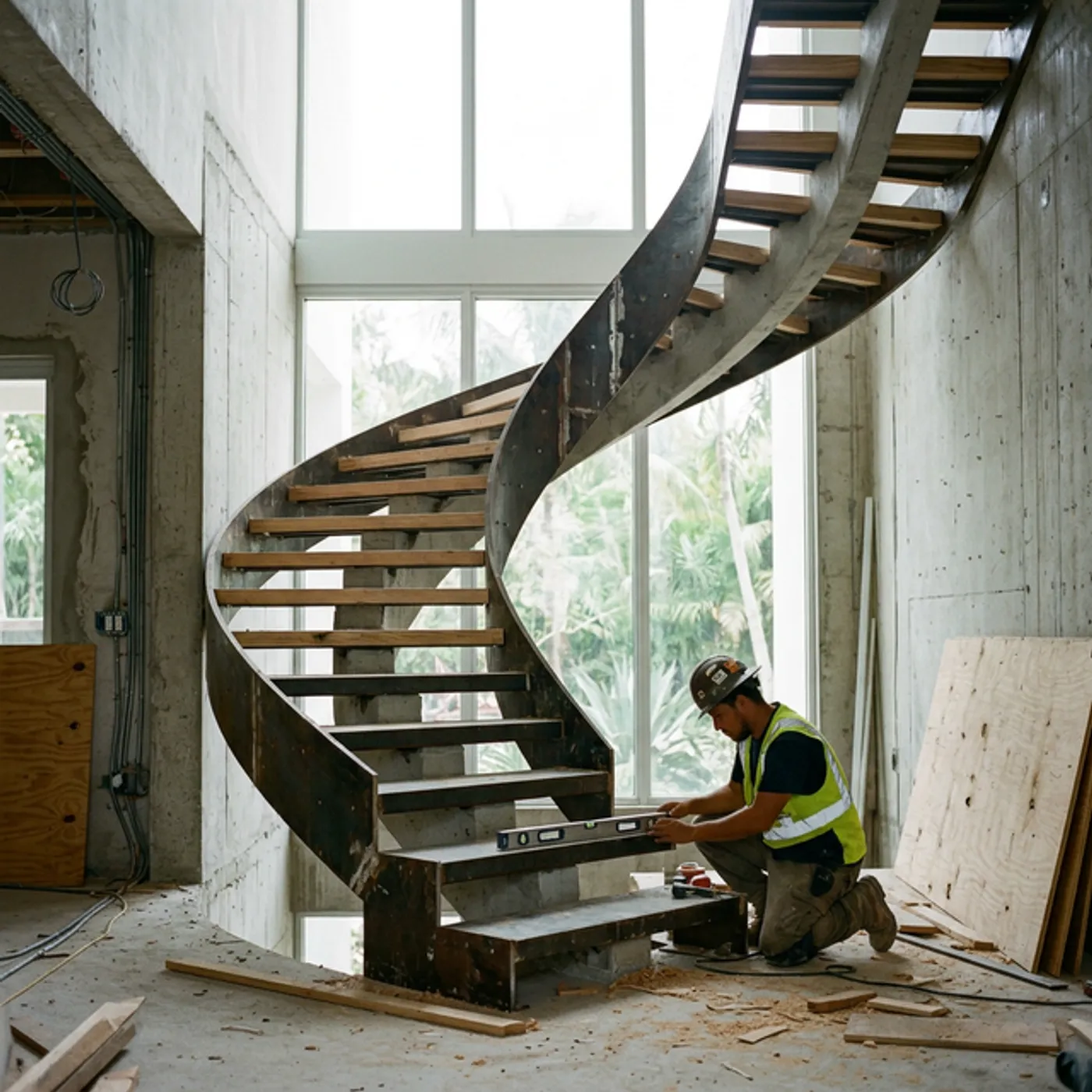 Curved cantilevered floating staircase in a Toronto home