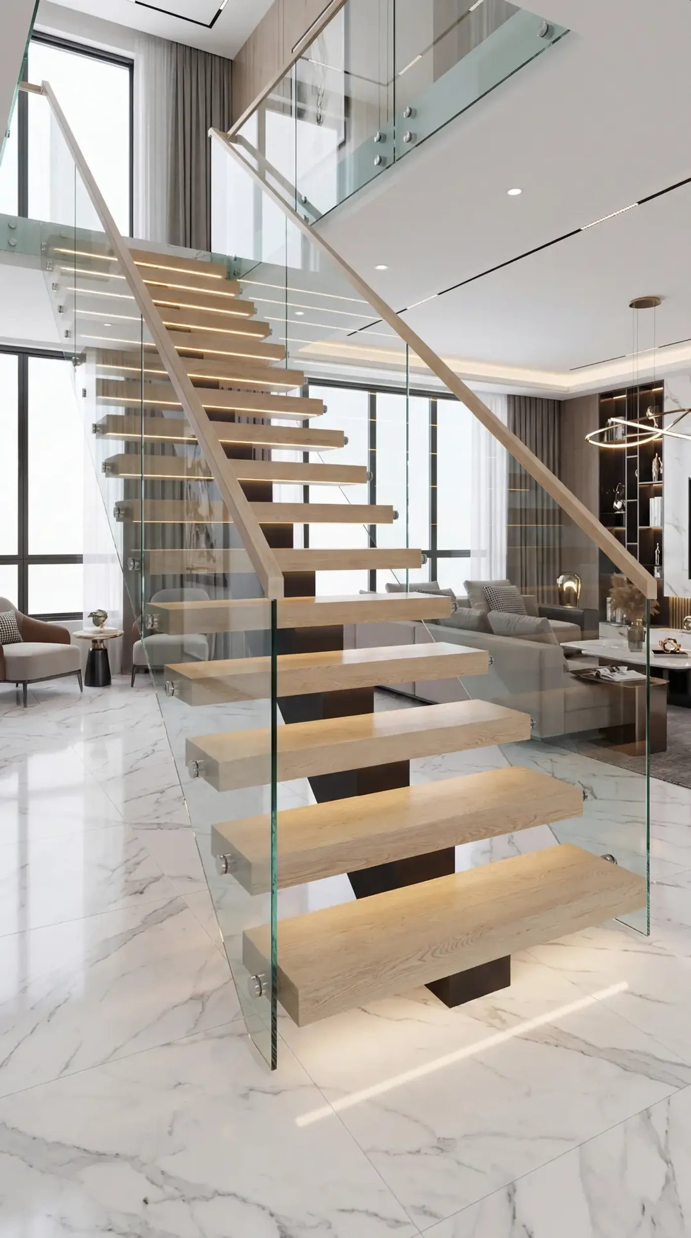 Glass tread cantilevered floating stairs in a Toronto home